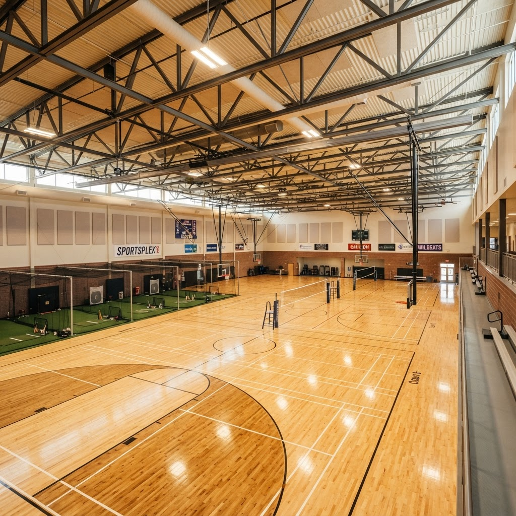 Wide view of the Game On Sports Center showing the indoor all-sport courts and batting cages