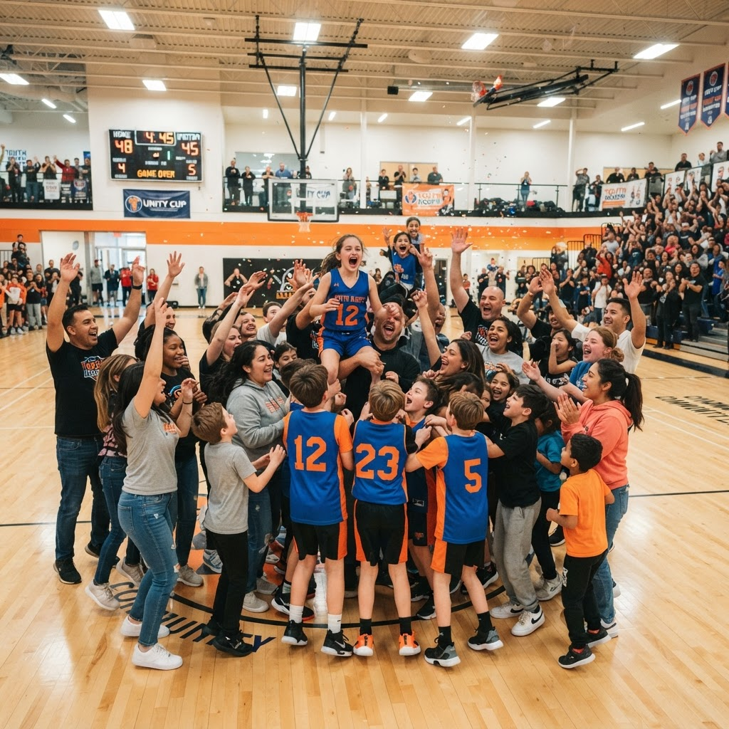 Kids and families celebrating together on the indoor court at Game On Sports Center