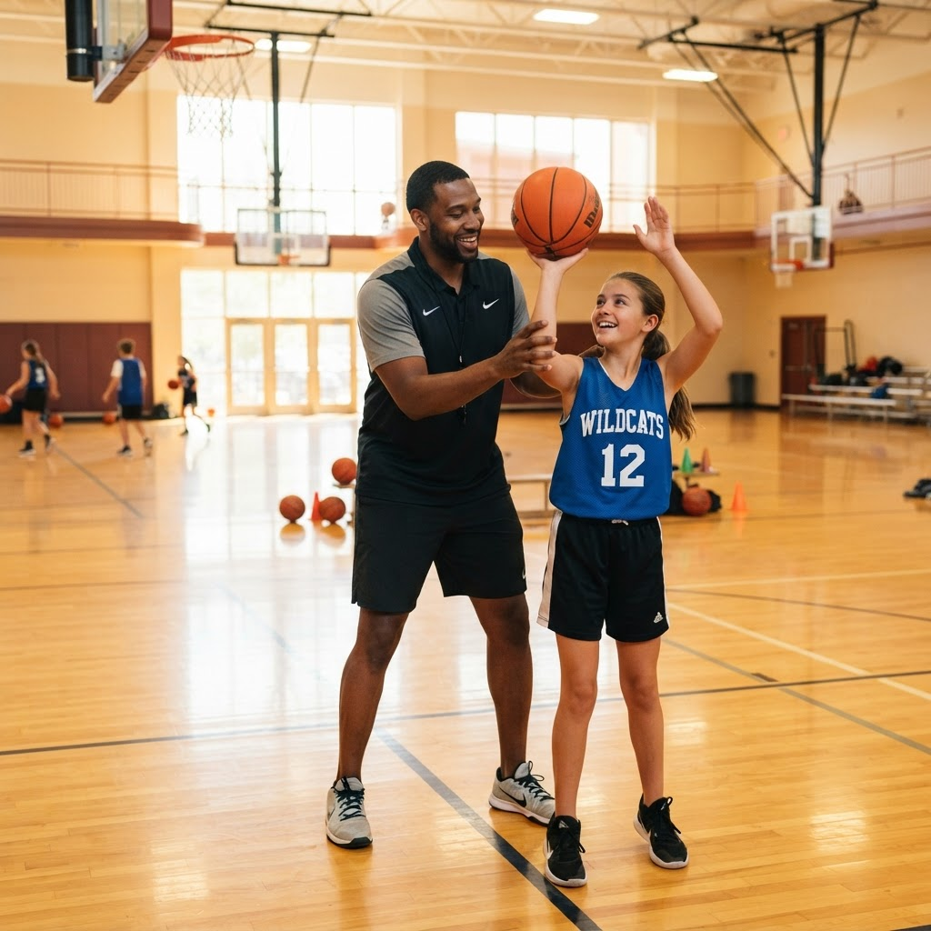 A coach giving a young athlete a one-on-one private lesson on the indoor court at Game On Sports Center