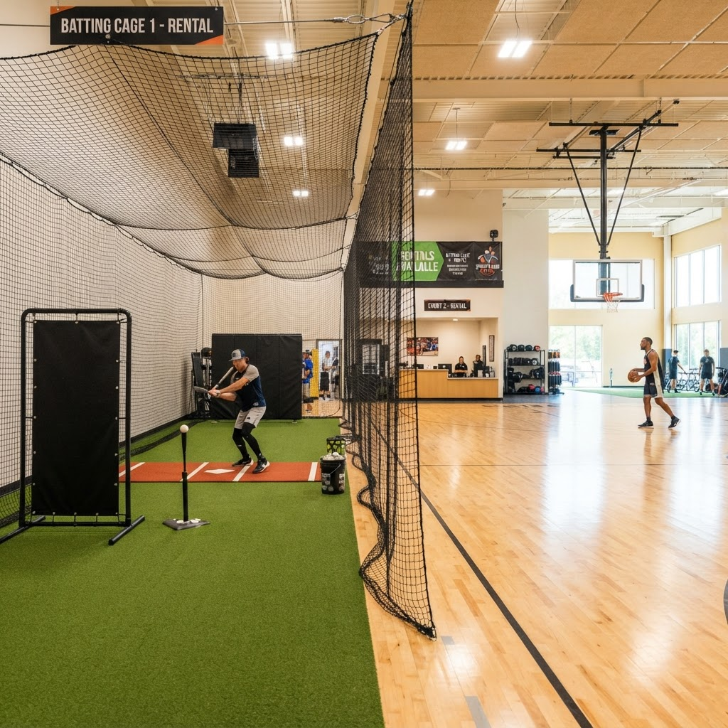 Open indoor court and batting cage at Game On Sports Center ready to rent